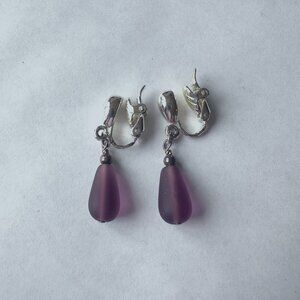 Vintage Silver Tone Purple Teardrop Clip On Earrings Dangle